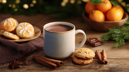 Cup of hot chocolate with cinnamon sticks, cookies, and tangerines on a wooden table. Cozy winter atmosphere and festive holiday decorations in the background.
