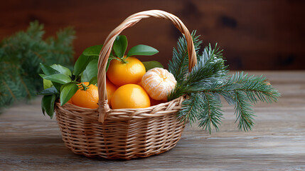 Wicker basket with fresh oranges, tangerines, and fir branches on a wooden table. Rustic holiday composition for Christmas or New Year.
