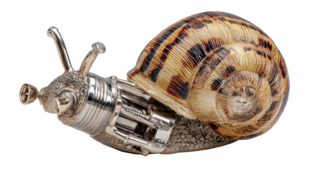 Cybernetic snail creature in steampunk style, showing advanced technology merging with natural organism, transparent background - Powered by Adobe