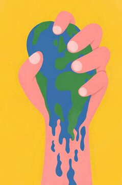 A hand squeezing water out of planet Earth