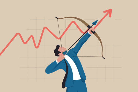 Businessman aiming an arrow at a rising red chart representing business growth and success