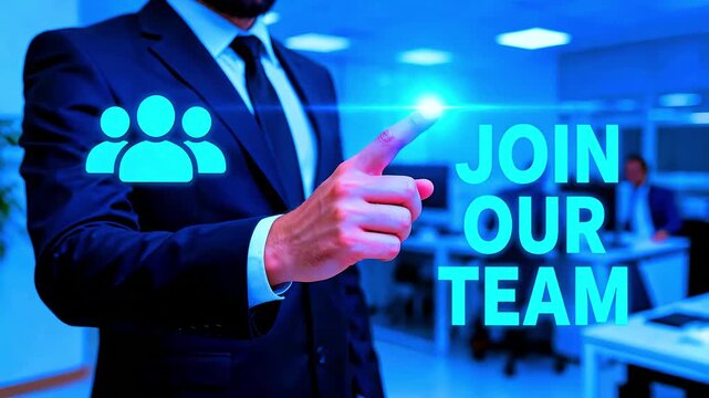 Professional businessman in a dark suit pointing with a glowing finger towards bright blue text encouraging people to join the corporate team