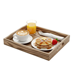 Delicious breakfast tray with pancakes and coffee