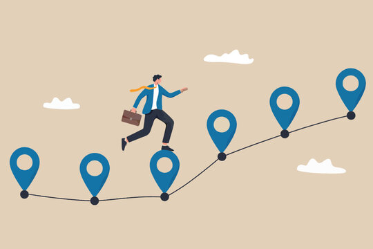 Businessman running on an ascending path marked by location pins, symbolizing career progression