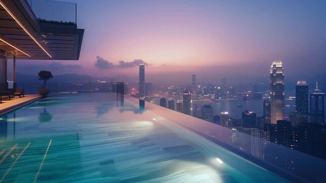 Peaceful infinity pool on rooftop with misty horizon scene