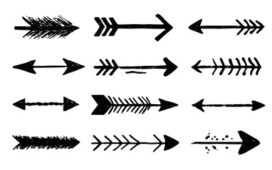 Zestaw ręcznie rysowanych, czarnych strzał w stylu boho i grunge, idealnych jako elementy graficzne na przezroczystym tle.