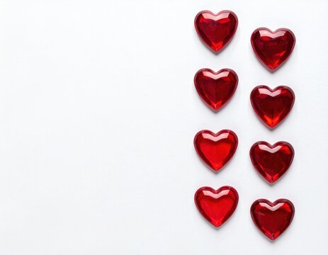 Tiny red heart sequins arranged in a straight line,white background