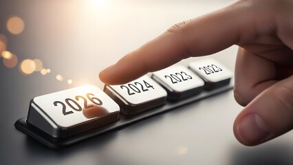 A hand pressing a button labeled 2026 on a keyboard with future dates