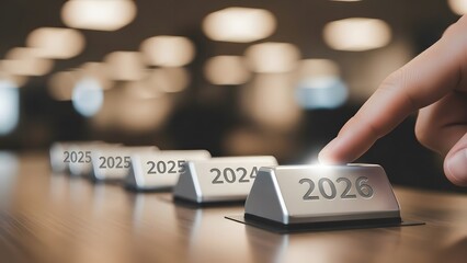 A hand selecting a block representing the year 2026 from a row of blocks