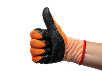 Adult hand in an industrial safety glove (high-vis orange knit, black latex coating) giving a confident thumbs-up, isolated on a transparent background. Concept of professional industrial safety