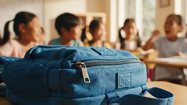 Back to school a new backpack and eager young students in a classroom