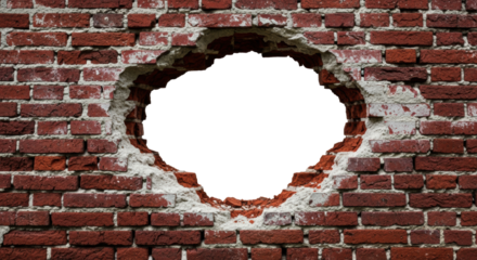 highly detailed, aged crimson brick wall with rough, crumbling gray mortar, centered aperture revealing perfect white copy space, cinematic side light maximizing texture concept of decay and contrast