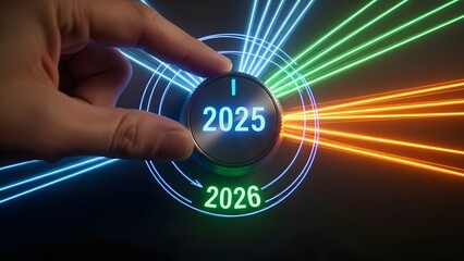A hand adjusting a futuristic button to switch from 2025 to 2026