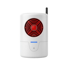 Portable electric heater with red grille and blue indicator light