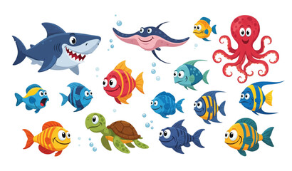 Cute cartoon sea life vector characters set with shark octopus turtle and fish isolated on transparent background © MdRoni