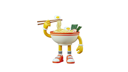 Animated Ramen Bowl Character Eating Noodles with Chopsticks
