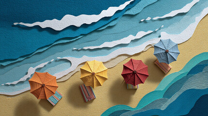 A top-down view of colorful beach umbrellas on the sand near the ocean, with the waves crashing. The scene is bright and vibrant, inviting relaxation and leisure