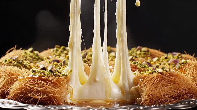 Delicious Kunafa dessert with stretchy melted cheese and crushed pistachios, showcasing its rich and gooey texture on a silver platter.
