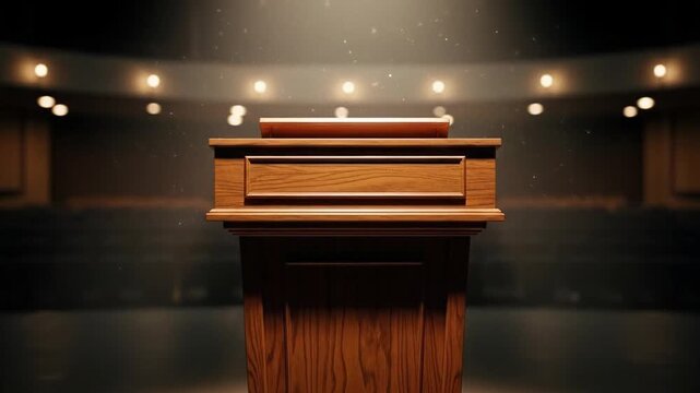 Empty wooden lectern stands centered on a dimly lit stage inside a large auditorium.