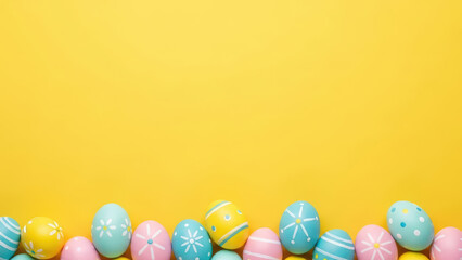 Colorful easter egg bright yellow background blue rabbit ear animal arrangement april creative season celebration concept