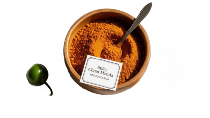 A bowl of spicy chaat masala with a green chili pepper isolated on transparent background