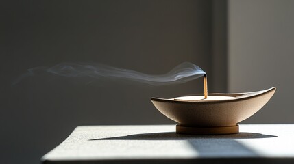 unglazed. Simple unglazed ceramic incense burner with a wisp of smoke on a stone surface. event programs, museum guides, designed for cultural heritage projects and event programs.