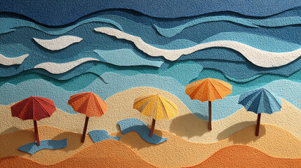 Colorful beach umbrellas and artistic sea waves at seashore, a refreshing summer day
