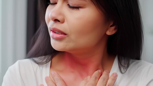 A woman is shown with a red, irritated throat, touching her neck. Close-up shot with blurred background