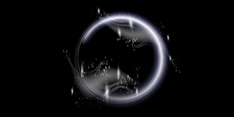 Christmas Snowfall. The circle of snowflakes sparkling transparent beautiful snow isolated on black background Lettering Merry Christmas. Snow