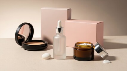 Elegant display of contemporary beauty products for daily skincare and makeup routine essentials