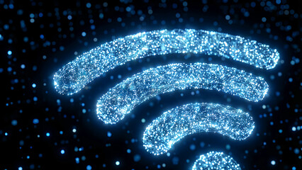 Mesmerizing abstract representation of a futuristic blue glowing digital wifi signal icon composed of interconnected nodes and particles against a dark background.