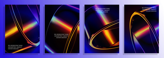 Abstract 3D iridescent ring geometric object cover poster background design set with neon light streaks and abstract color, A bold display of 3D neon light trails on a dark, gradient background.