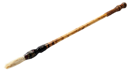 Calligraphy brush with bamboo handle and decorative art, traditional east asian writing and painting tool on transparent background