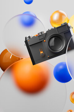 3D render of camera floating in orange and blue bubble design