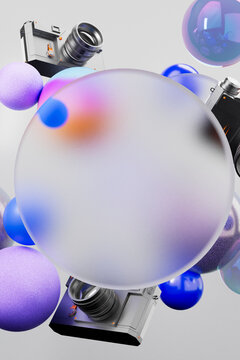3D render of stacked vintage cameras with pastel abstract sphere