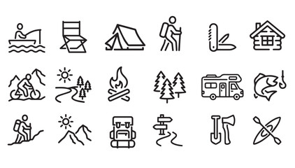 A collection of outdoor adventure and camping icons for hiking, fishing, and nature exploration