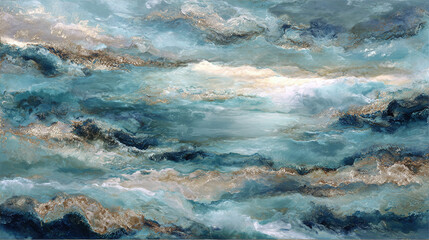 An abstract painting of a cloudy sky with shades of blue, teal, and gold. The artwork evokes a sense of depth and movement, resembling the sky.