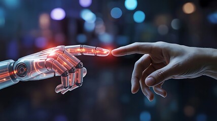 A robotic hand and human hand touching fingertips with a glowing connection futuristic