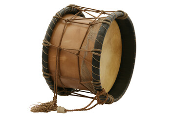 Traditional hand drum with natural skin and rope isolated on transparent background