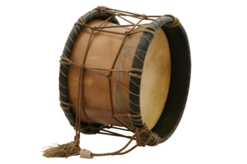 Traditional hand drum with natural skin and rope isolated on transparent background