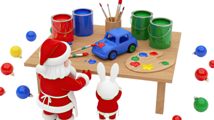 Santa and Bunny Painting a Toy Car for Christmas