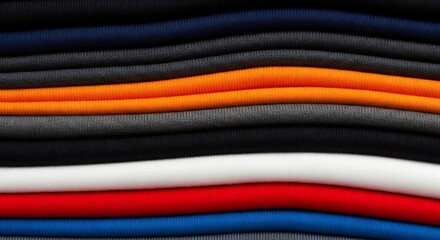 A vibrant spectrum of neatly folded fabrics, displaying a range of textures and bold hues, with an emphasis on textiles.