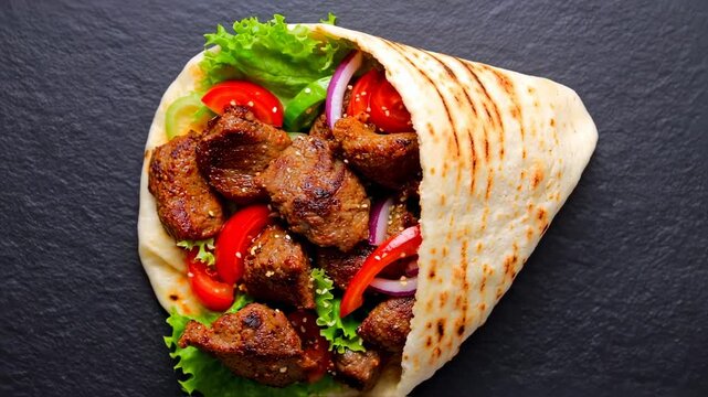 A close-up shot of a wrap filled with meat, vegetables, and lettuce. The wrap is on a dark surface