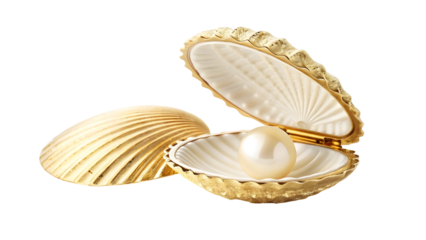 Golden Seashell Displaying Pearl Gem with Soft Studio Lighting on a Black Background Isolated on Transparent Background