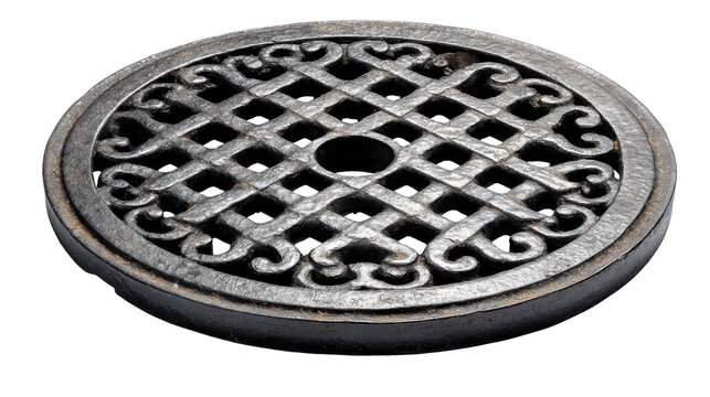 Ornate cast iron manhole cover isolated on transparent background, showing circular drain grate pattern