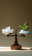 A balance scale weighing plastic packaging against a fragile green leaf, symbolizing sustainability tradeoffs