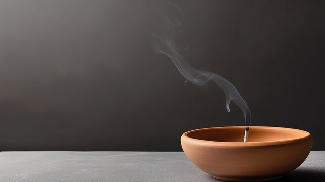 unglazed. Simple unglazed ceramic incense burner with a wisp of smoke on a stone surface. event programs, museum guides, designed for cultural heritage projects and event programs.