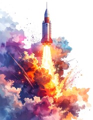 Fototapeta premium A rocket blasting off amidst vibrant, colorful vapor and plumes