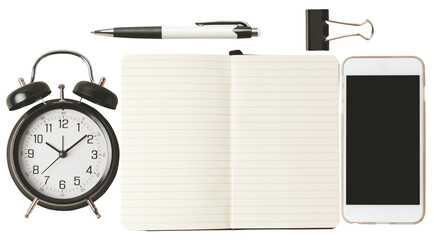 essential desktop items including an alarm clock, smartphone, pen, binder clip, and open notebook, laid out on a stark transparent background for a productive work or study environment.