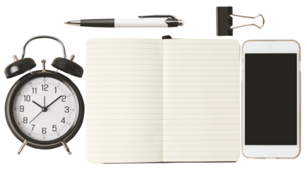 essential desktop items including an alarm clock, smartphone, pen, binder clip, and open notebook, laid out on a stark transparent background for a productive work or study environment.